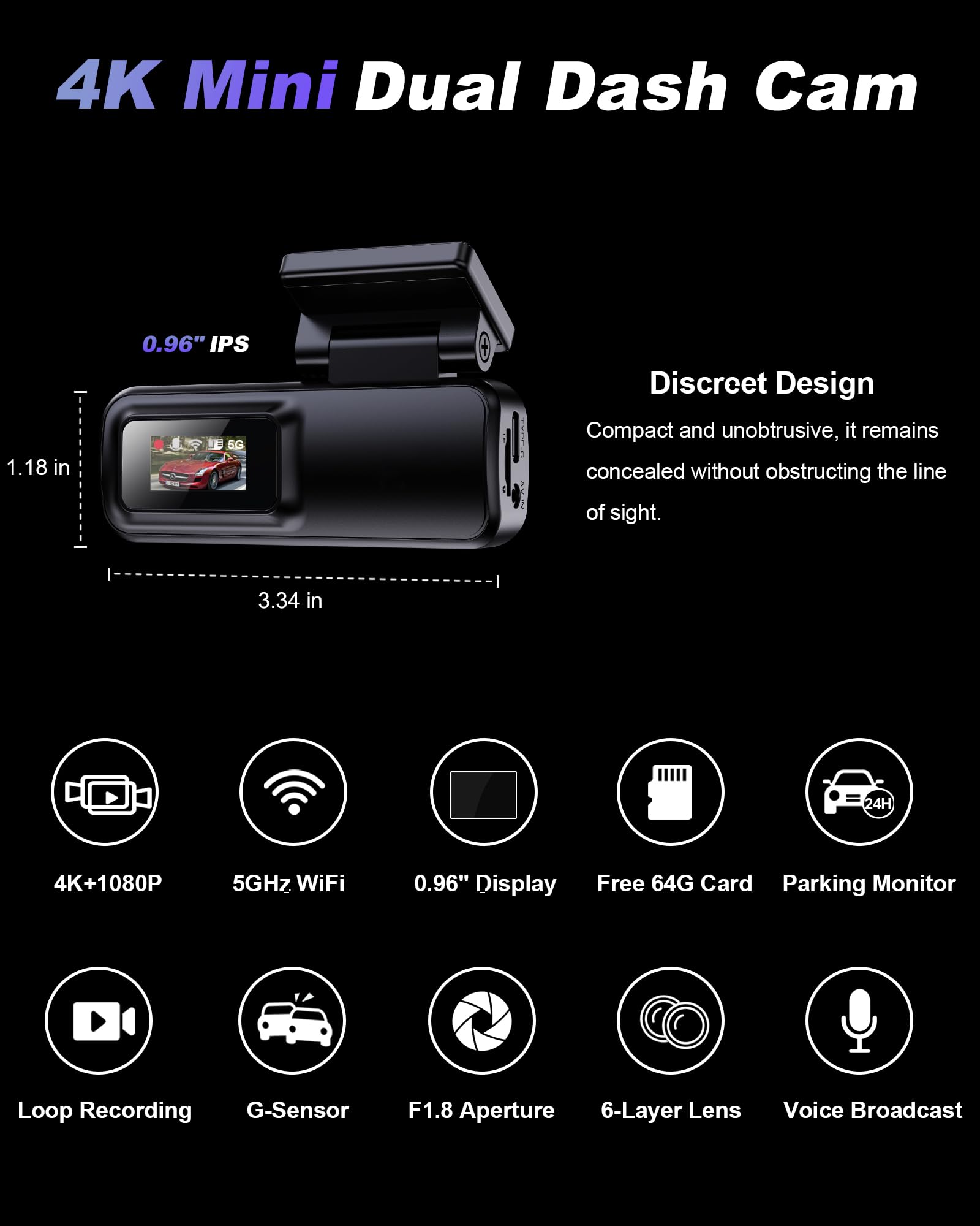 Dash Cam Front and Rear 4K+1080P, 5GHz WiFi, Dual Dashcam with 64GB Card, App Control, G-Sensor Emergency Recording, Loop Recording, 24H Parking Mode Supports, Dash Camera for Cars — view 7