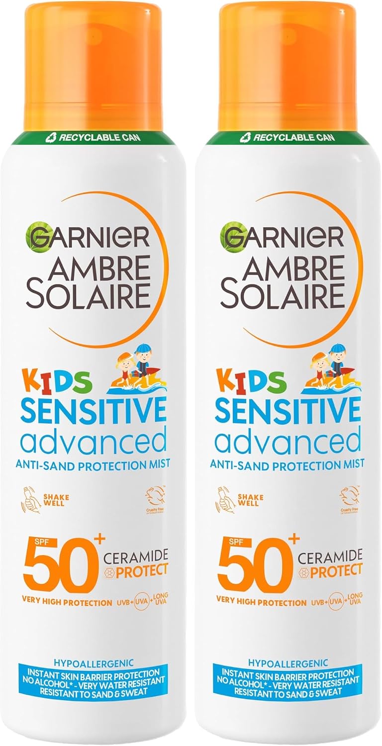 Garnier Ambre Solaire SPF 50+ Kids Anti-Sand Mist, Children's Sun Protection Spray, Non-Greasy and Fast-Absorbing, Water- and Sand-Resistant, Hypoallergenic, Sensitive Advanced, 150 ml (Pack of 2)