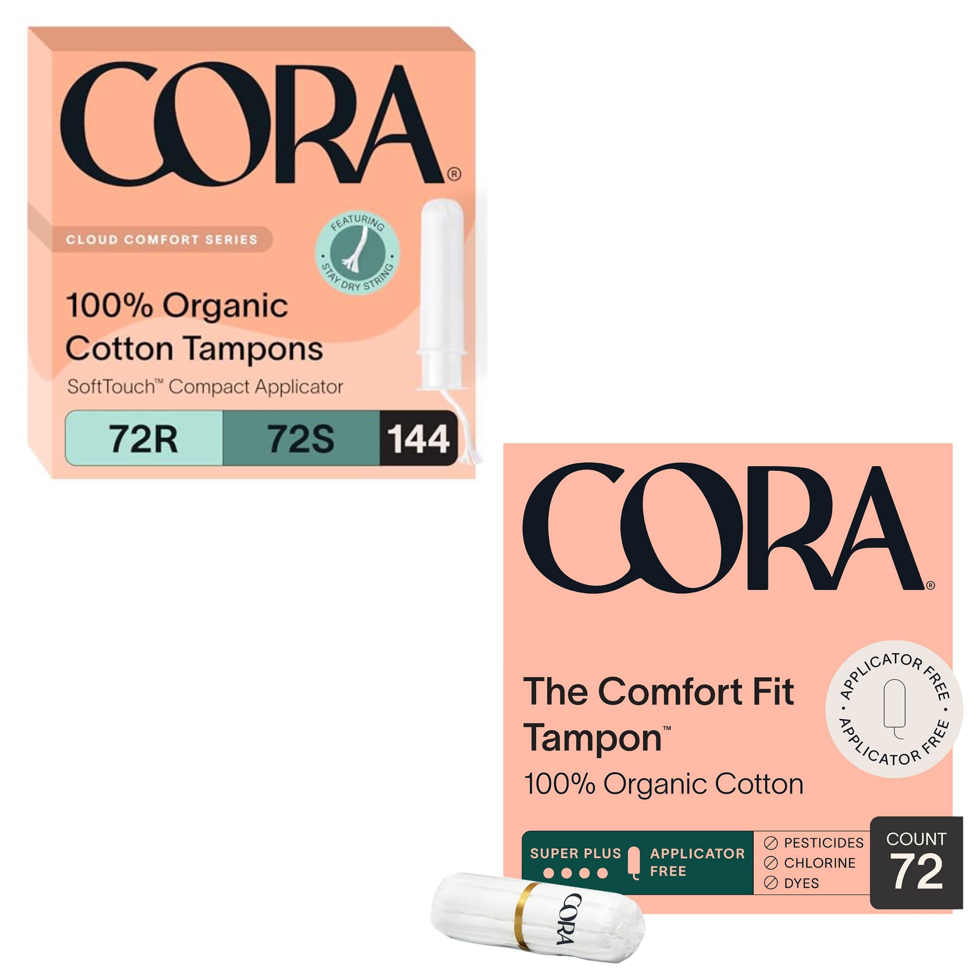 Cora Organic Feminine Care Applicator and Non-Applicator Tampon Packs Ultra-Absorbent Unscented Natural Non-Toxic 72 Regular 72 Super 72