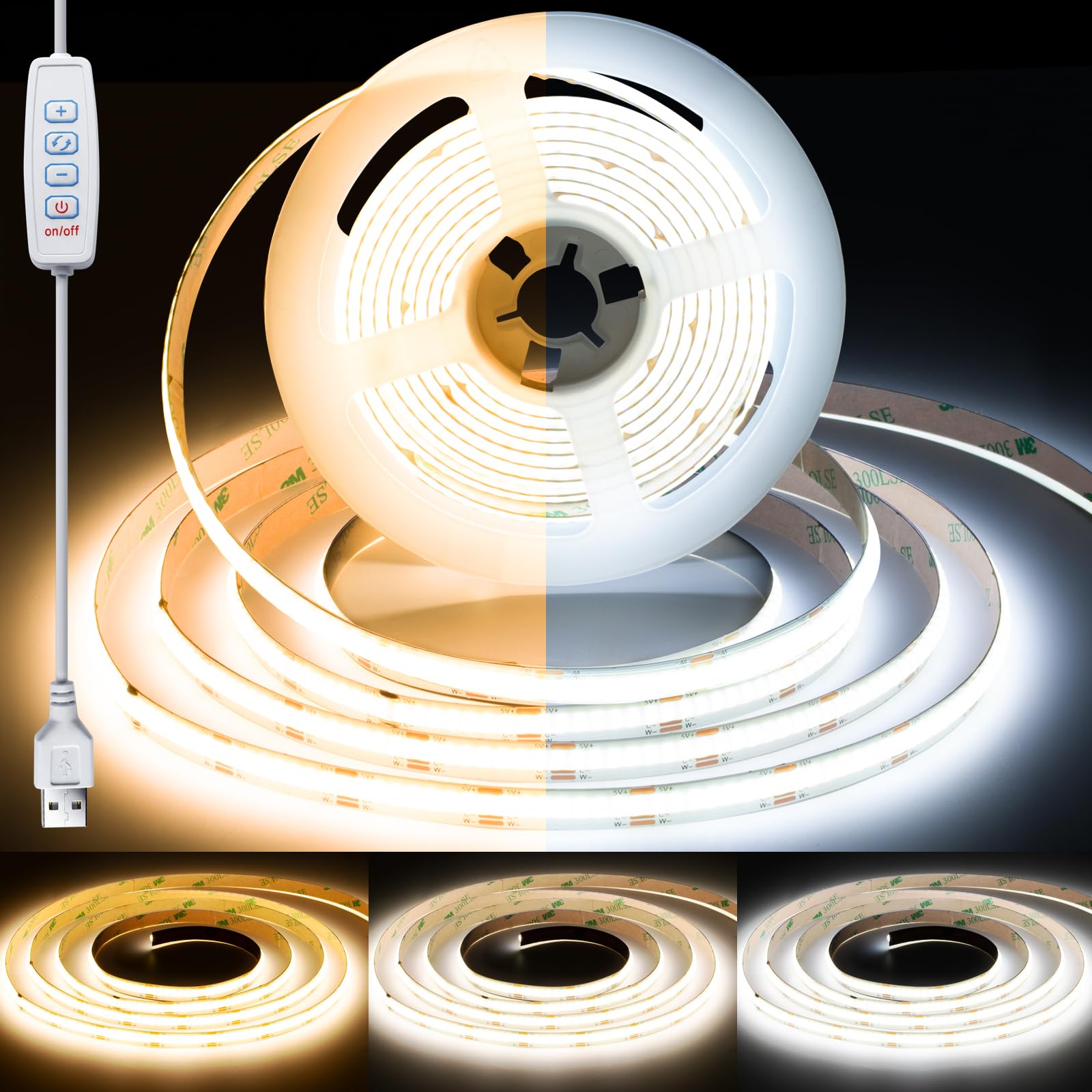 COB LED Strip Light 5V, 2m 608 LEDs/M Dimmable 2700K - 6500K 8mm Width CRI93+ Flexible Dimmable Light Kit for TV Backlight Bedroom Gaming Room Kitchen Cabinet Decor (CCT, 6.56FT/2M USB)