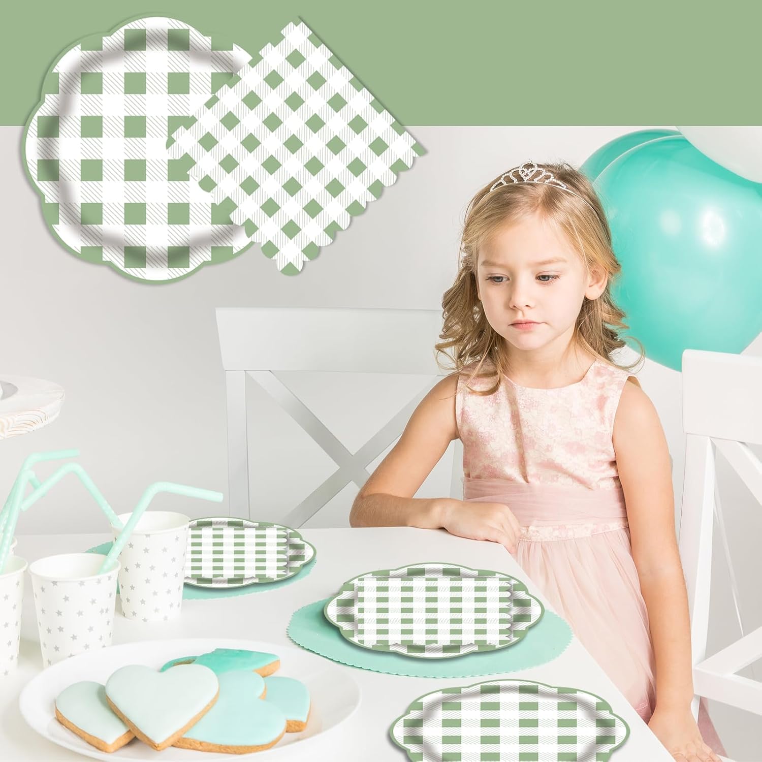 40 pcs Gingham Sage Green Paper Plates and Napkins Scalloped Dessert Cake Plates and Napkins Disposable Decorative Tableware for Birthday Picnic Baby Shower Wedding Party Supplies(Serves 20) - Image 2
