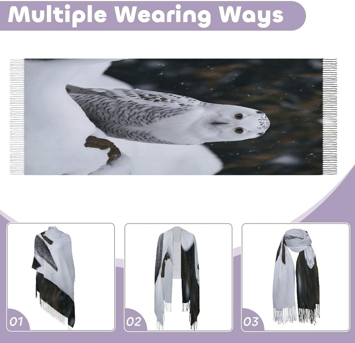 Snow Owl Scarf for Women Men Soft Warm Fashion Blanket Scarves Classic Cashmere Feel Scarf Long Shawl Large Scarves Cold Weather Thick Blanket Scarfs