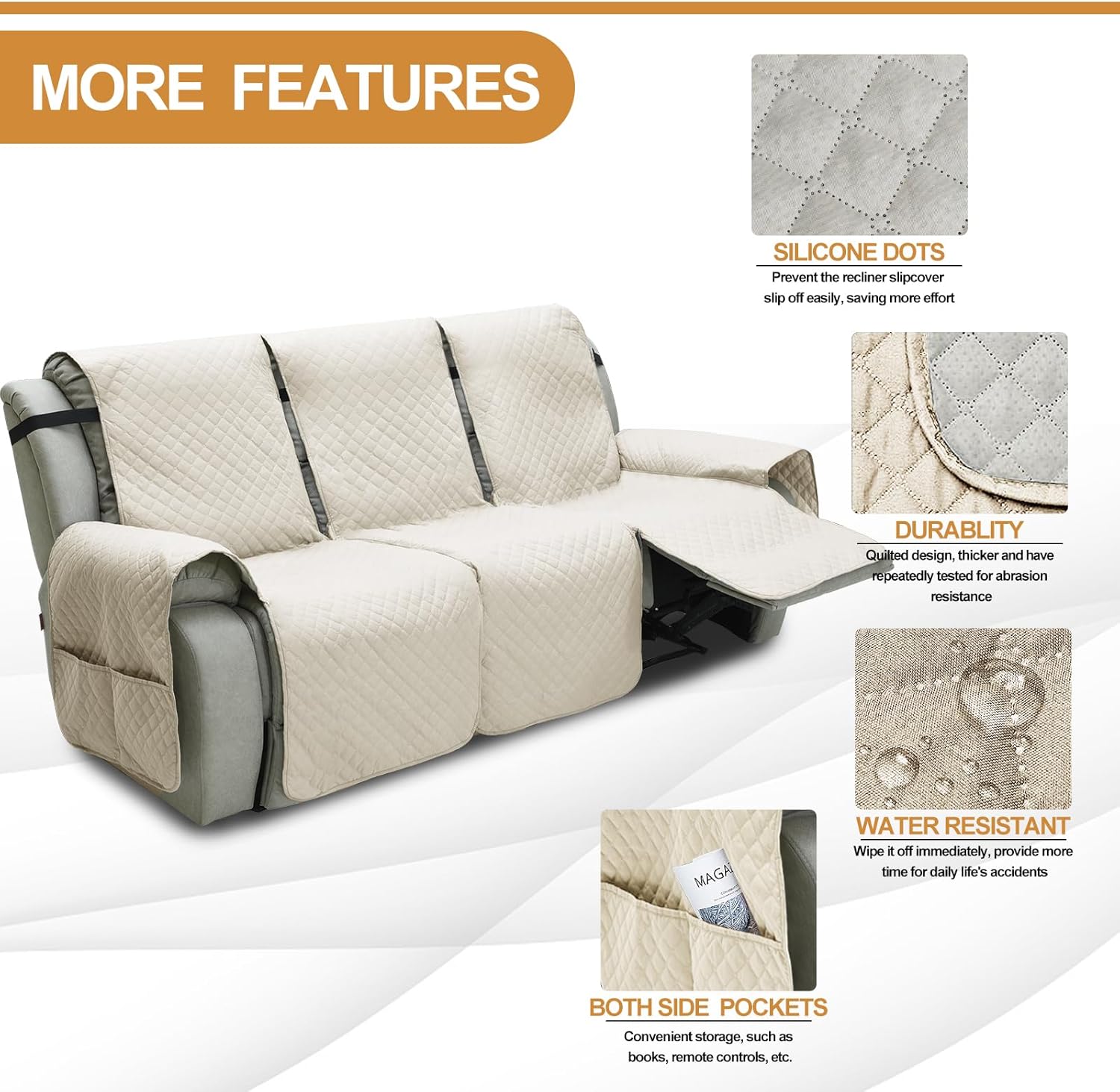 XINEAGE Quilted Recliner Chair Cover + Recliner Loveseat Cover+ Recliner Sofa Cover (Beige