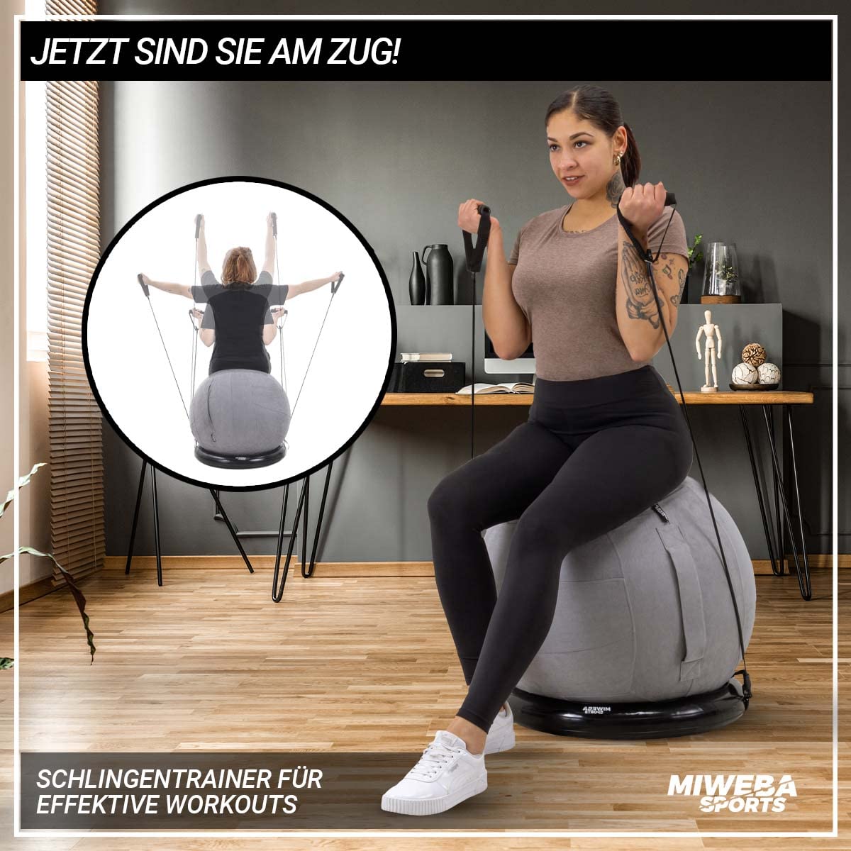 Miweba Sports Gymnastikball | 65 cm ∅ - Traglast 500 kg - Pilates Ball - Pezziball - 4in1 Set inkl Ballauflage - Bürostuhl - Sitzball - Balance Ball - Hüpfball - Pilatesball - Yoga - Schlingentrainer