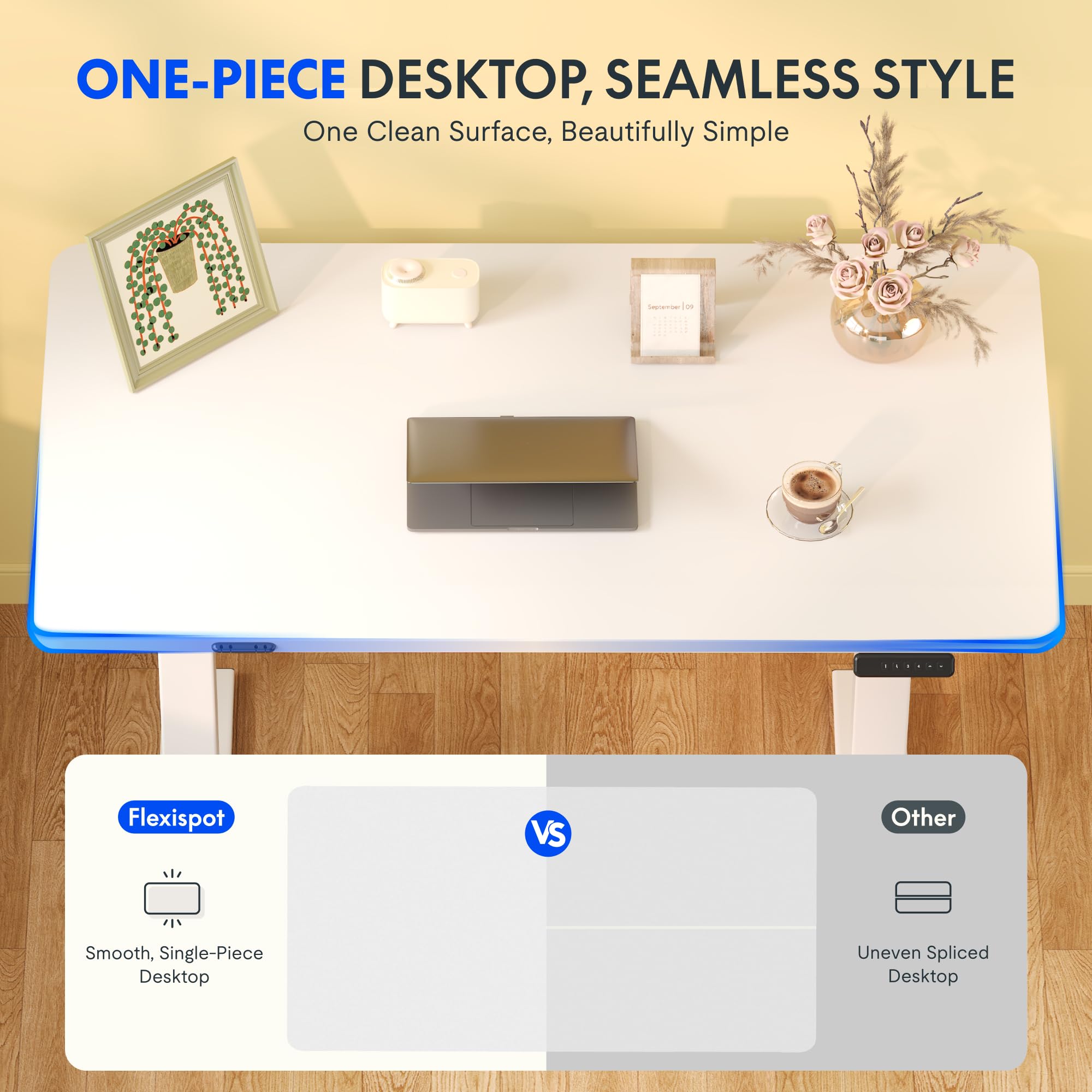 FLEXISPOT Scrivania Regolabile in Altezza Basic – Con Gestione Cavi, Ganci e Piano Monoblocco, Scrivania Ergonomica per Home Office (120x60 cm, Bianco)
