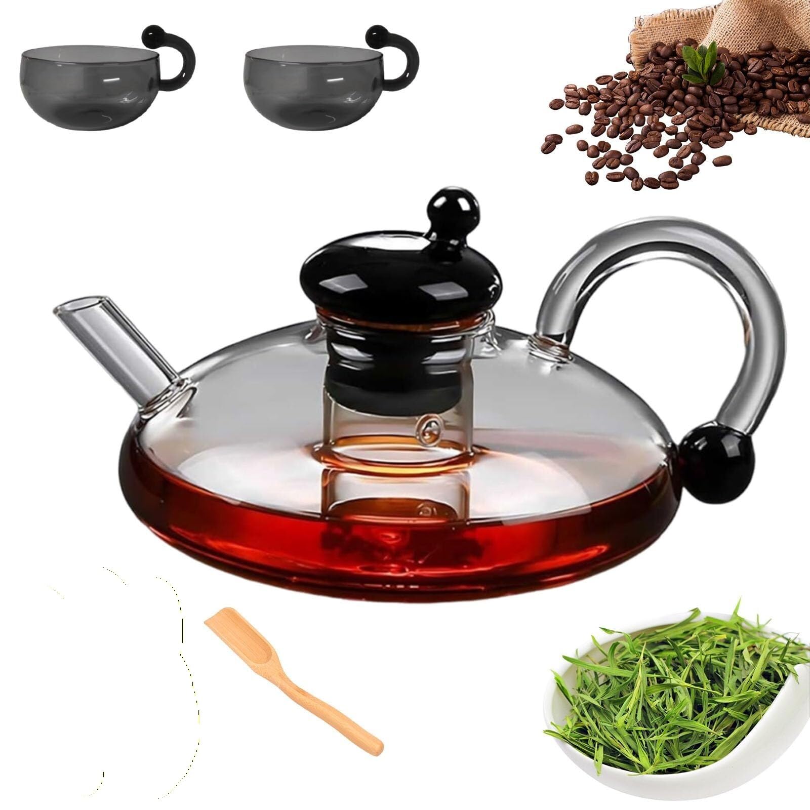 Zestaw do parzenia herbaty z filtrem, żaroodporny szklany czajniczek z zaparzaczem do herbaty liściastej, kawy(Black*2 Cup)