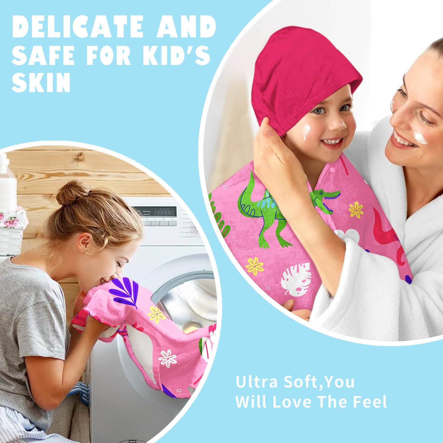 Dinosaur Girls Beach Towel with Hoodie for Kids Toddlers Age 4-8, Pink Bath Towels Shower Wrap for Girls, Hooded Poncho Beach Blanket for Pool Swimming Cute Wearable Bath Towel for Child