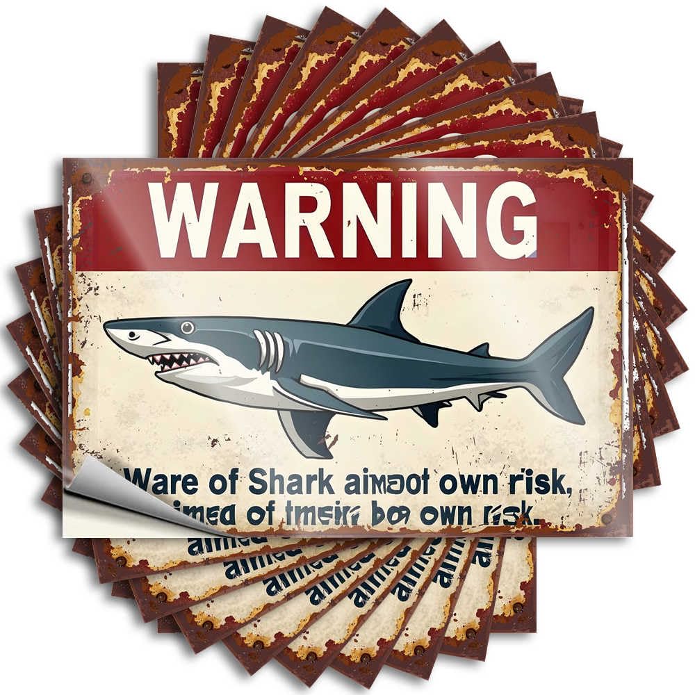 Funny Sticker Large Easy Apply | Vintage Warning Sign: Shark Hazard Ahead Sweet Laptop Peel and Stick(8X12CM)