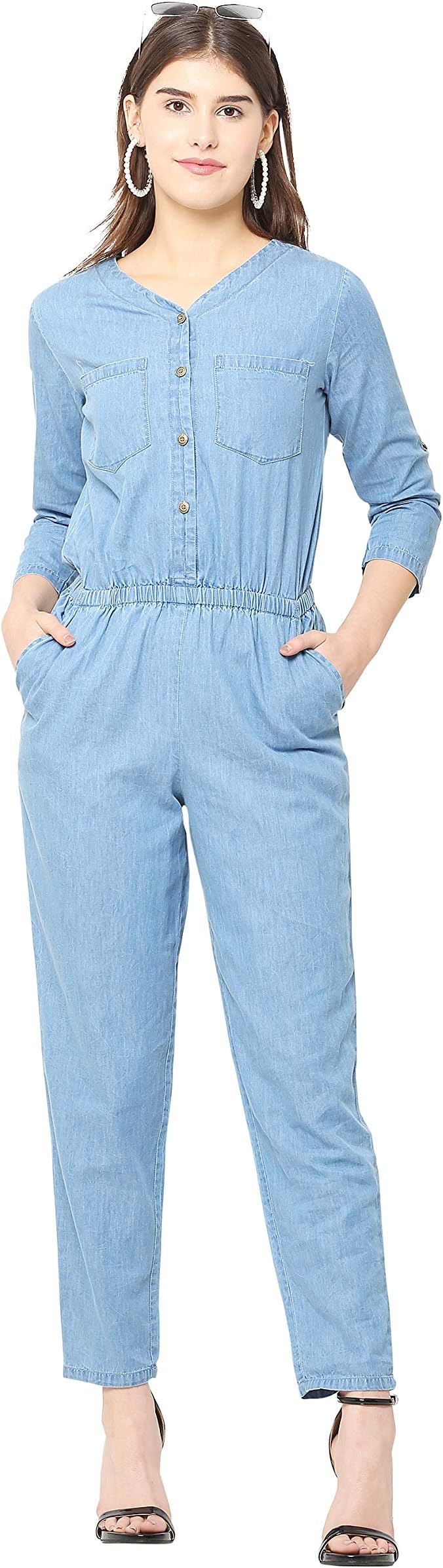AVYANNAStylish Women's Blue Color Solid Denim Jumpsuit