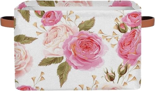 Miniatura 8 de Pardick Paquete de 2 cajas de almacenamiento plegables grandes, diseño de rosas rosas, cajas de almacenamiento decorativas de tela de lona con asas