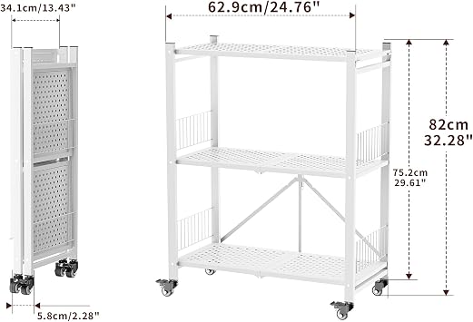 Folding Storage Shelves, 3-Tier Metal Foldable Shelf Shelving Rack Organizer On Rolling Wheels in Kitchen Warehouse Patio Pantry Basement Collapsible Shelves No Assembly (White, 3-Layer)
