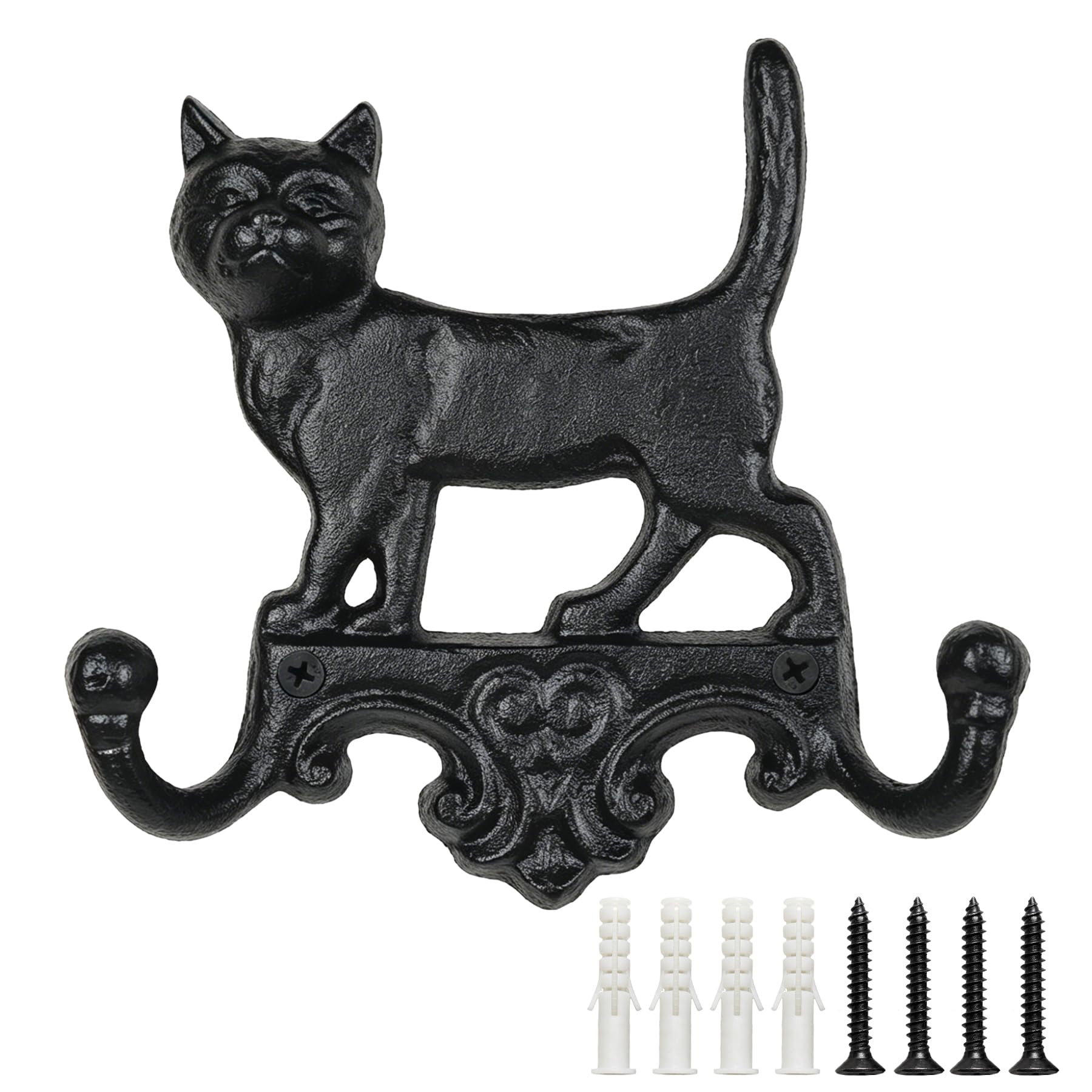 Earl Diamond Cast Iron Vintage Cat Wall Hooks, Heavy Duty Cat Leash Holder for Wall Mount Coat Hooks Decorative Key Hanger Vintage Farmhouse Entryway Cute Animal Decor Rustic Black 2 Pack