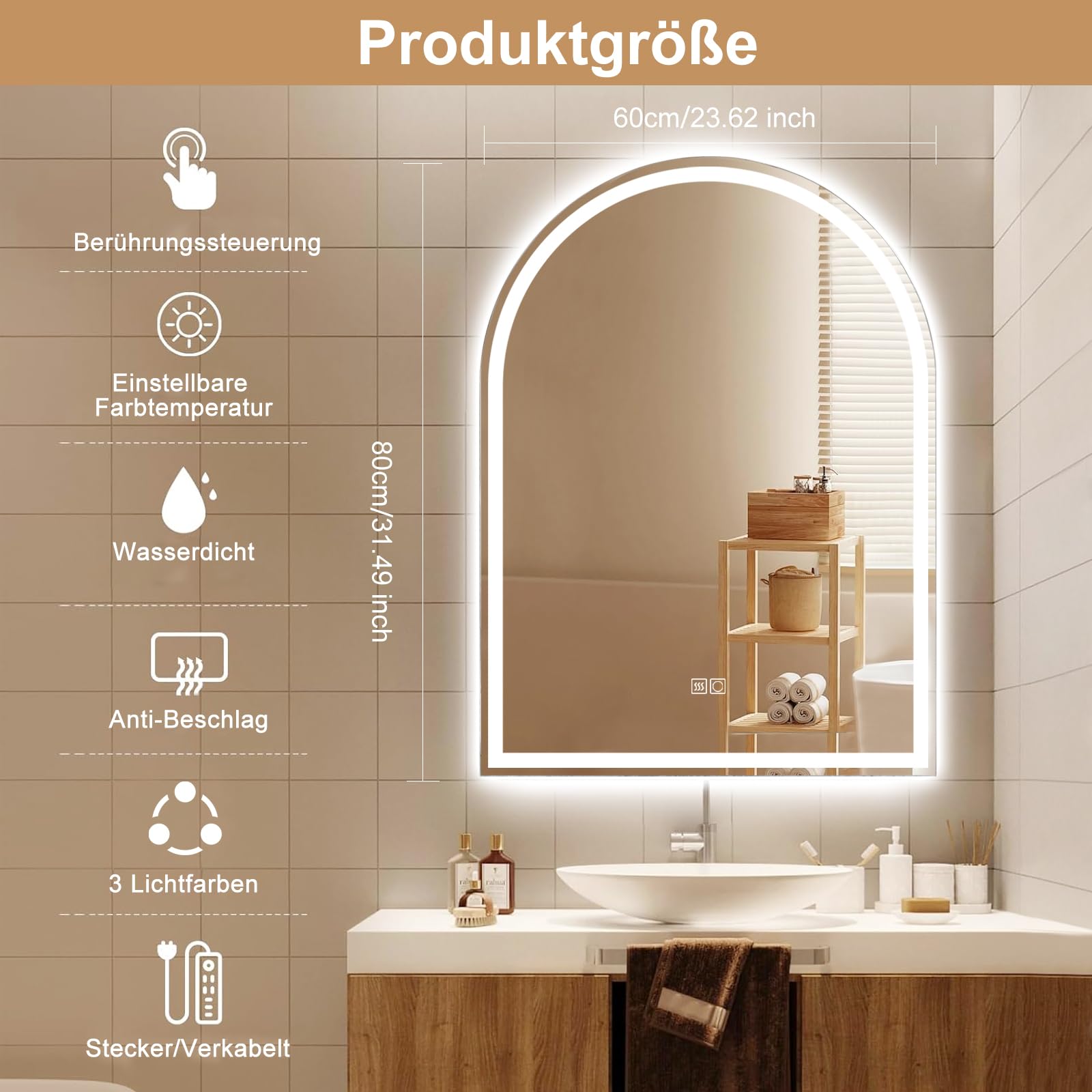 Specchio da bagno a LED arcuato con illuminazione - sensore touch, dimmerabile, antiappannamento, 3 modalità di colore, regolabile, design moderno, 60 x 80 cm