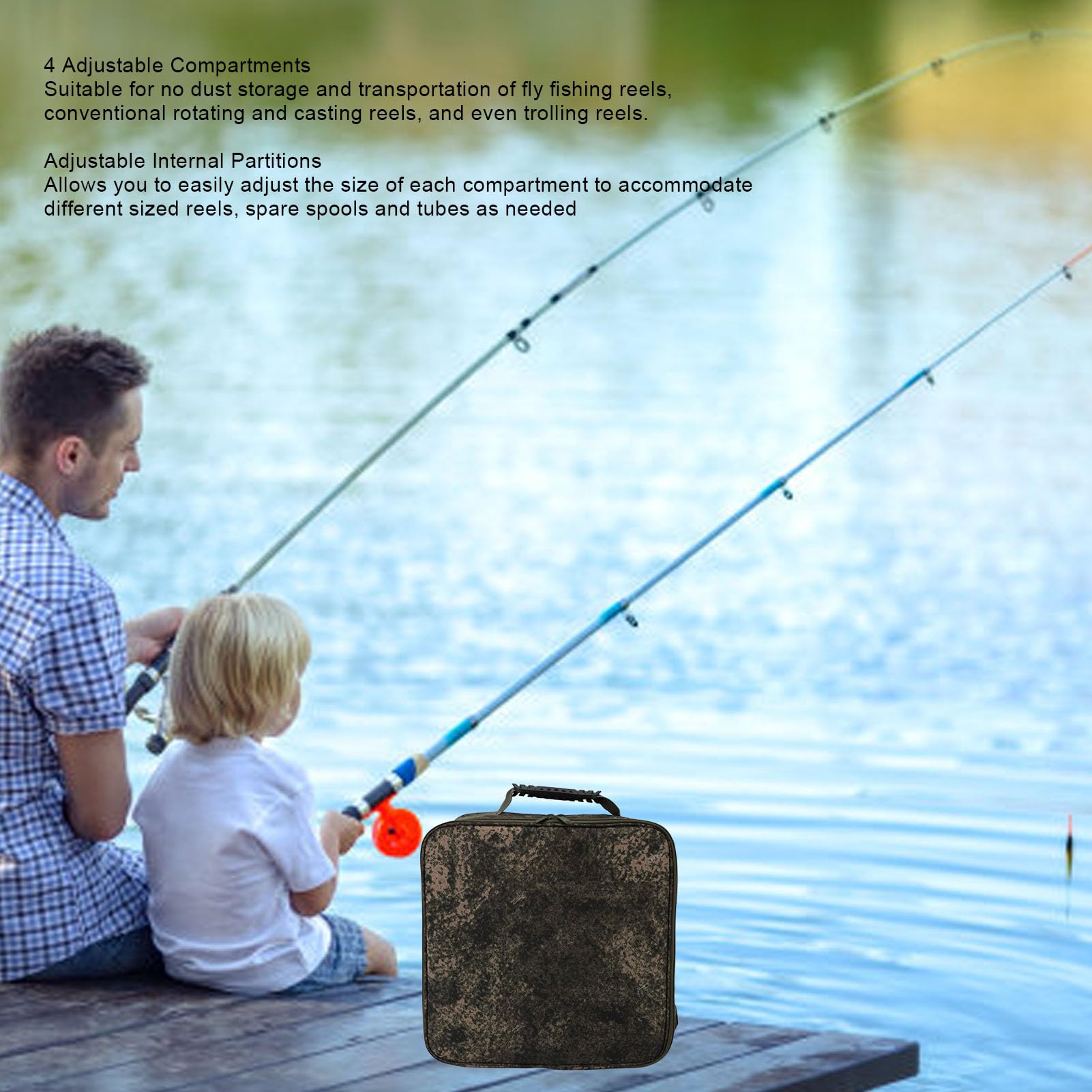 Custodia per Mulinello da Pesca, Borsa per Attrezzatura di Grande capacità, Contenitore Imbottito per Attrezzi con 4 Scomparti Regolabili e Tasca Foderata in Rete, Ideale per Mulinelli da