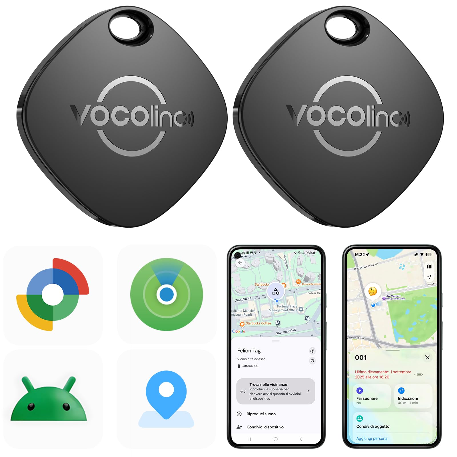 VOCOlinc Smart Tag Tracker Compatibile con Android Google Funzioni Trova o iOS Apple Dov'è App, Bluetooth Localizzatore per Chiavi/Portafoglio/Bagaglio/Zaino Borsa, 2 Pezzi Nero
