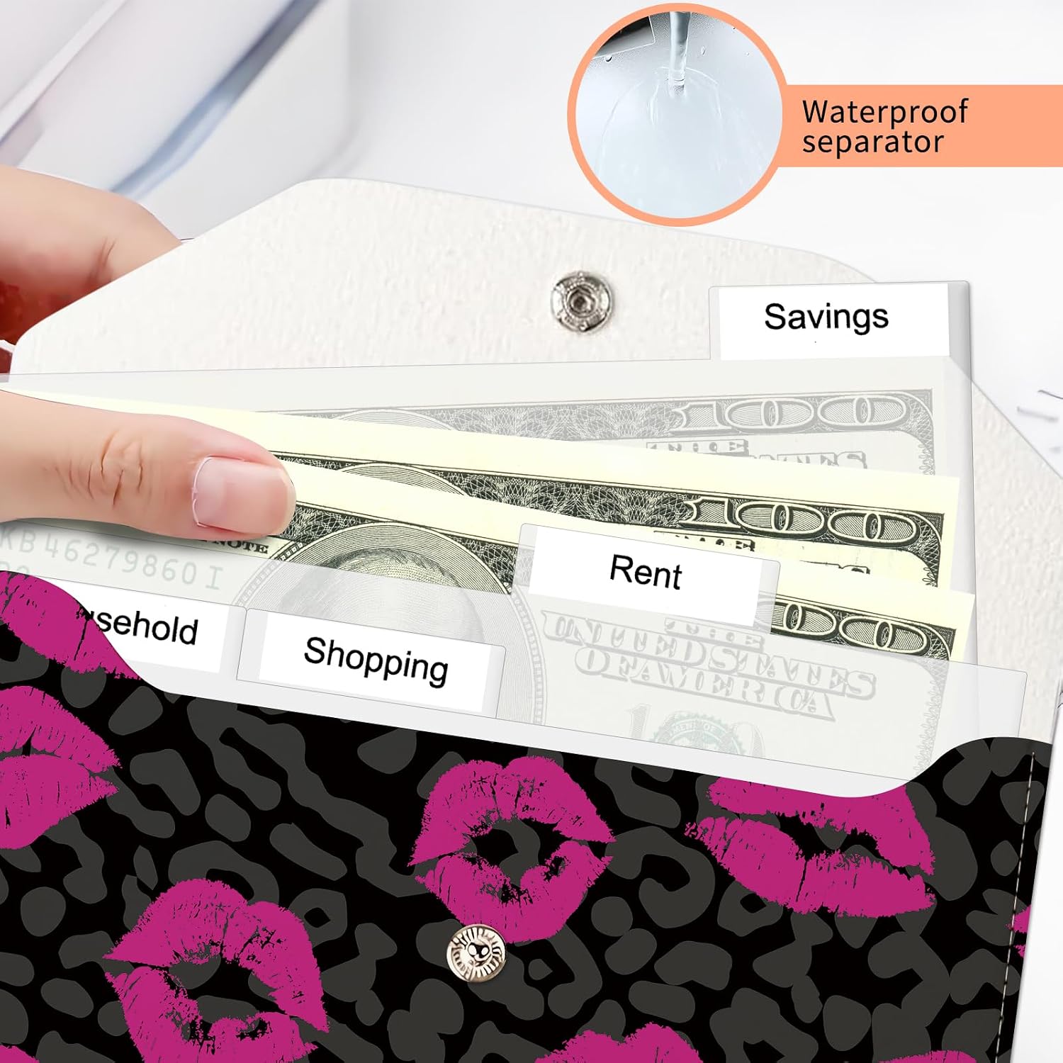 Cash Envelope Wallet, Reusable Budget Money Wallet, Cute PU Leather Money Saving Wallet with 4 Dividers & 1 Sheet Category Stickers Pink Lip Leopard image 3