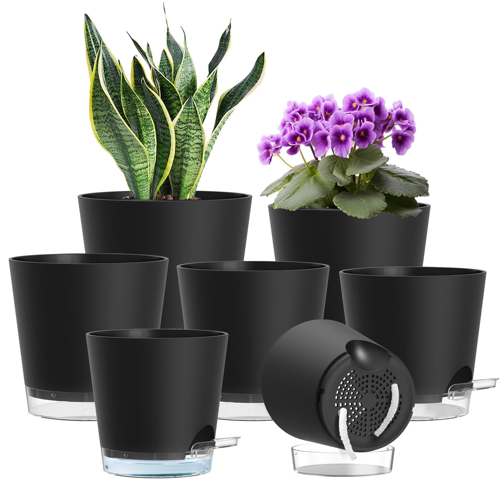 WSMKSZ 7 Pack Self Watering Plant Pots Indoor, Plastic Flower Pots with Clear Reservoir, Visible Water Level & Drainage Holes, 20/17.6/16.3/15/13.8/12.7/10.2 cm Planter Pots with Cotton Wick, Black