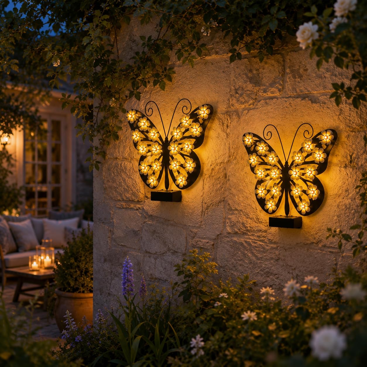 Solar Butterfly Garden Light,Solar Butterfly Lights Outdoor Metal Wall Decor,Waterproof LED Hanging Sculpture for Garden Patio Porch Yard Fence Decoration (Yellow,2Pcs)