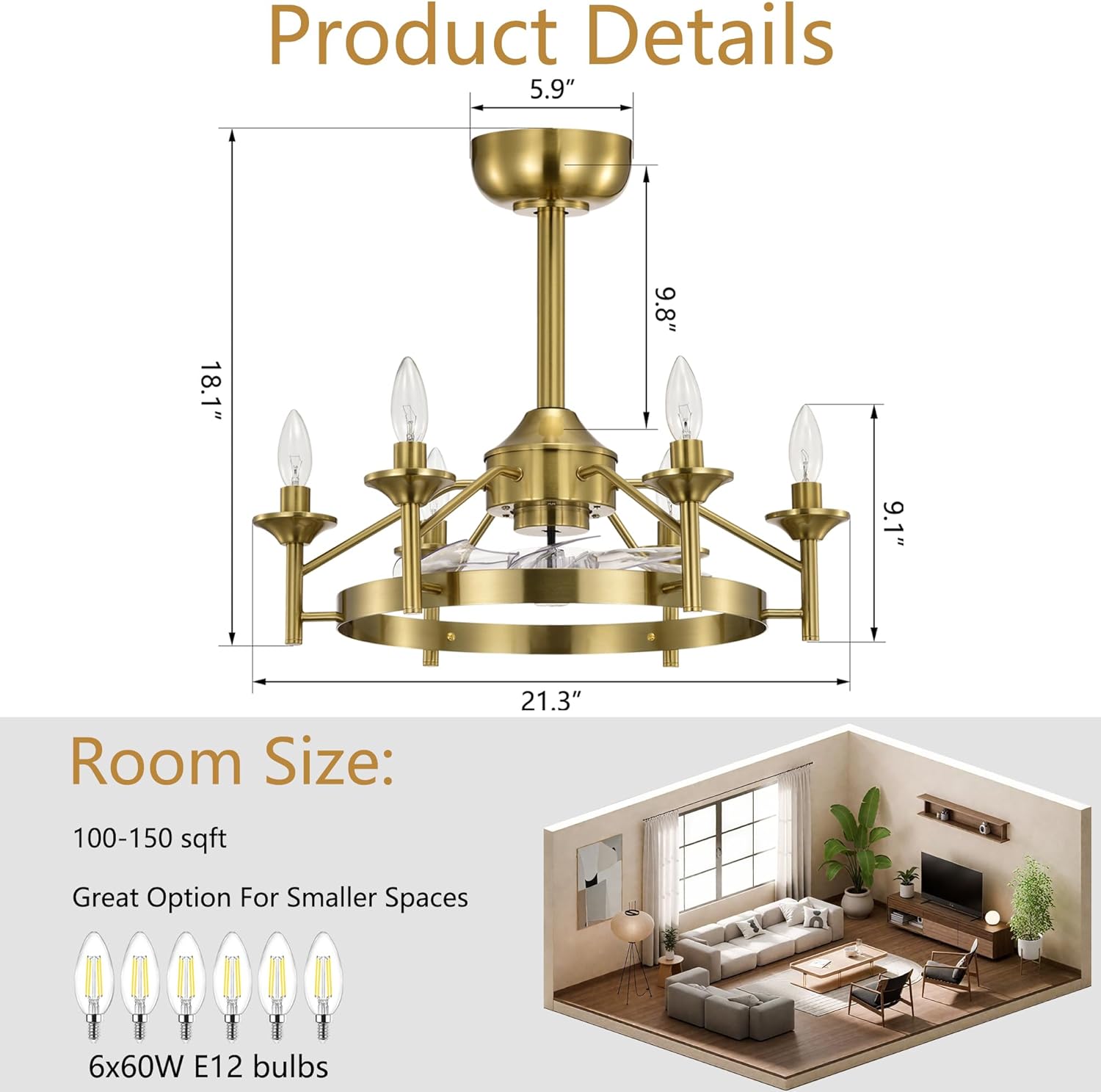 Maxax 21” Ceiling Fan with Lights and Remote, Modern Farmhouse Fan Light for Living Room,Caged Ceiling Fan with Light, Yellow Bronze Rustic Chandelier Candles, Reversible (Bulbs Not Included)