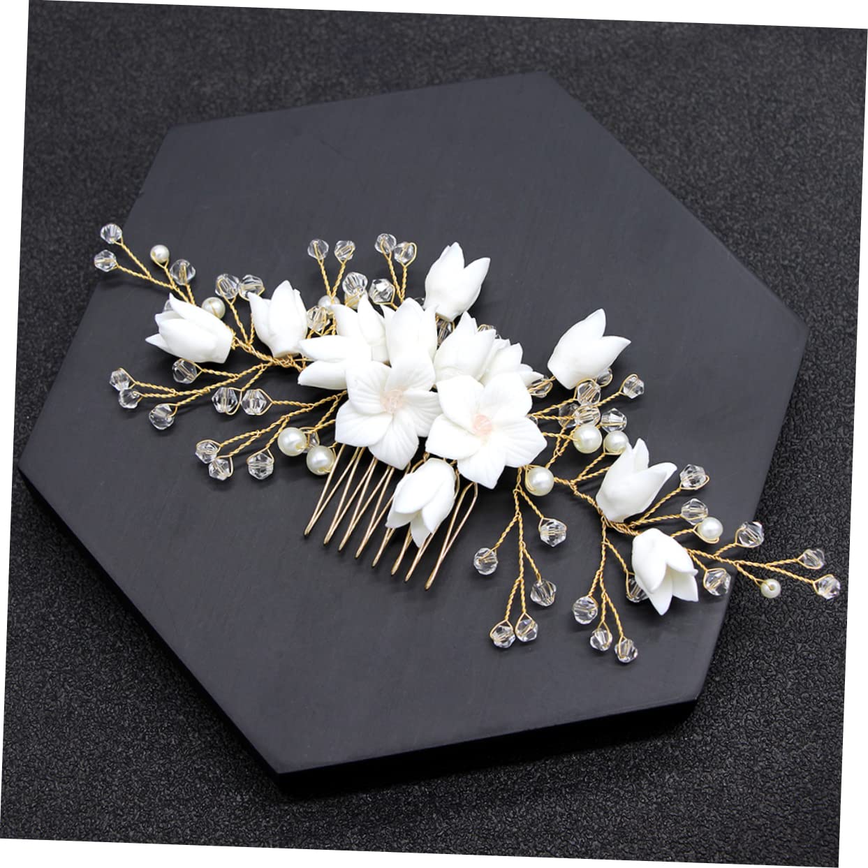 Outanaya 3pcs Polymer Clay Flower Hair Comb Bridal Pearl Crystal Beads Bridal Headpiece for Wedding