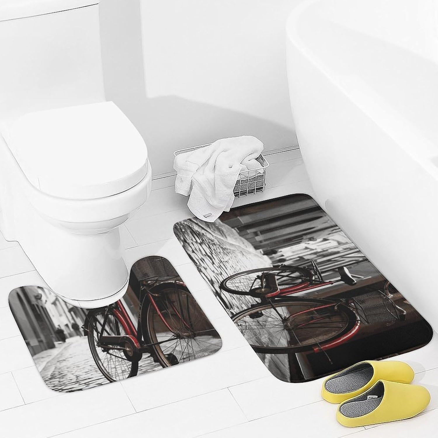 Bath Mat Set 2 Pieces Coral Velvet Bath Rug Non Slip Absorbent Microfiber Bathroom Rugs Quick Dry U-Shaped Toilet Rug Street Bicycle Bathmat Washable Soft Carpet