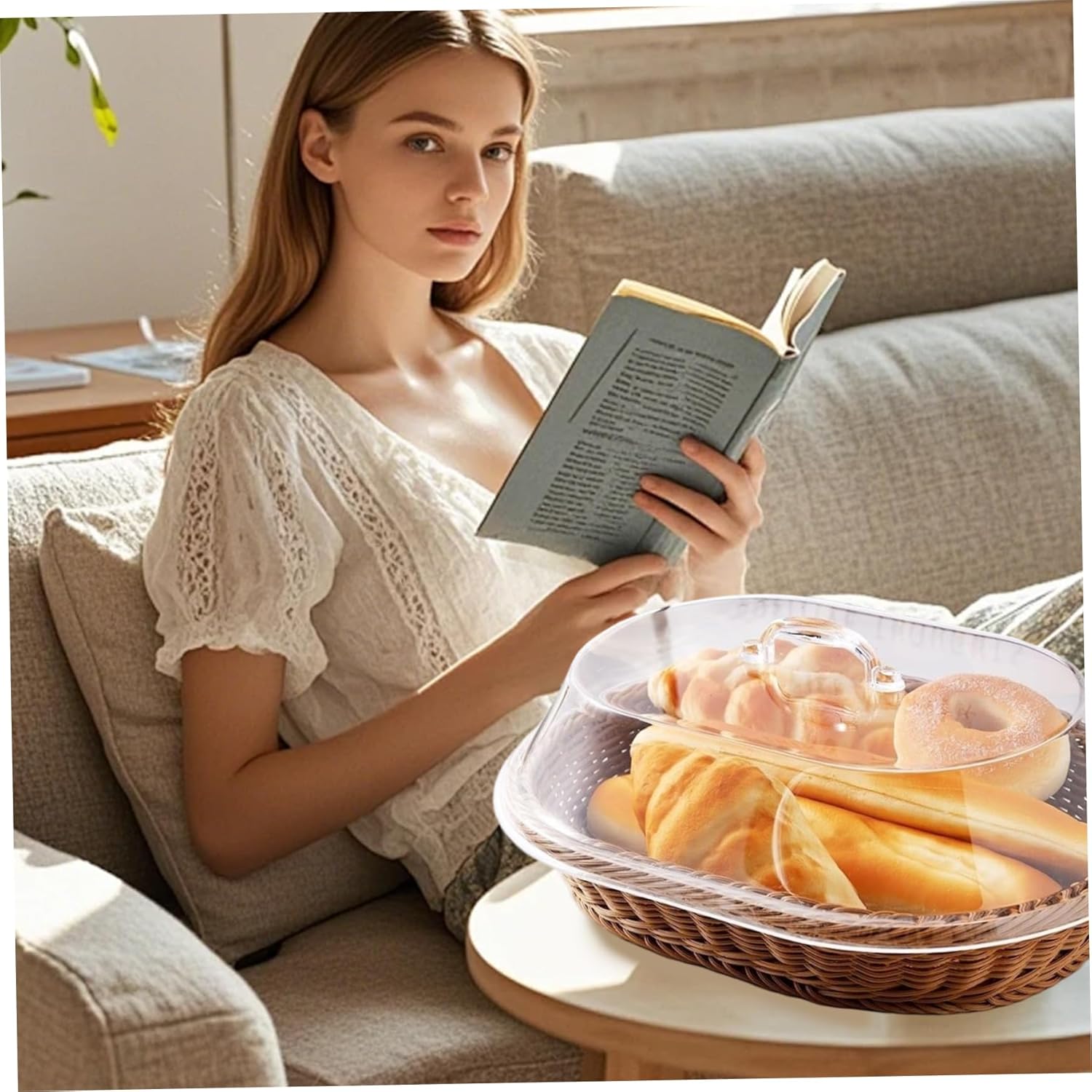 Bread Basket with Transparent Lid 16x12x5.5 Oval Plastic Woven Bread Basket for Farmhouse, Cafe, Kitchen, Fruit, Food Serving