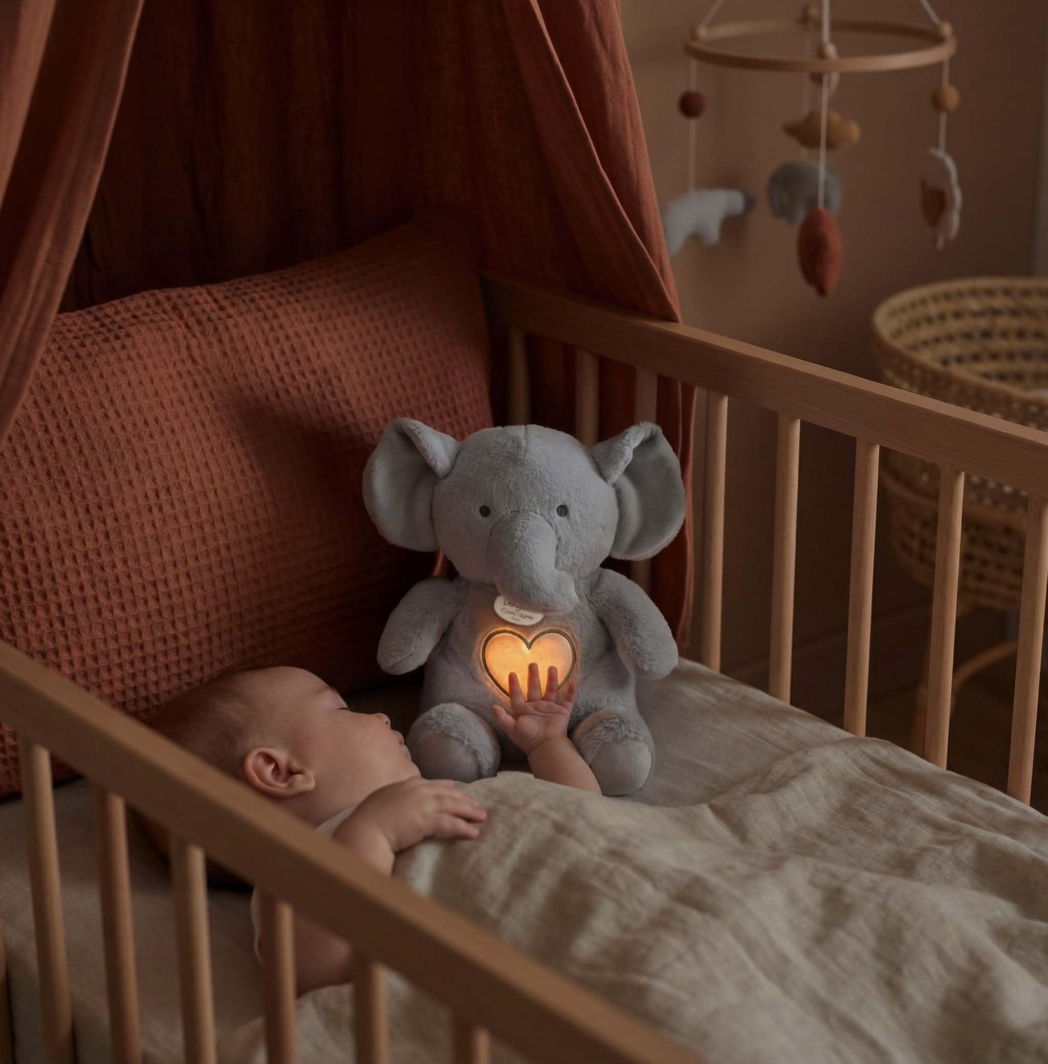 Doudou et Compagnie - Atmungsaktives Plüschtier Elefant Atmen - 28 cm - Plüschtier mit Musik, beleuchtet mit Atmungsbewegung - Nachtlicht und weiße Geräusche - Geschenkidee zur Geburt - DC4683