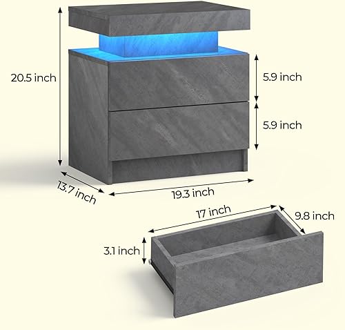 Miniatura 10 de i-aplus Juego de 2 mesitas de noche LED con 2 cajones, mesita de noche con cajones para muebles de dormitorio, mesa de cama lateral con luz LED