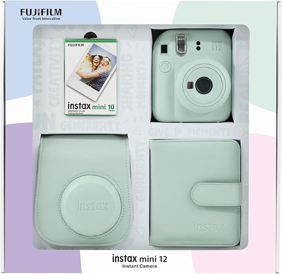 Instax mini 12 Camera 10-Piece Film Square Album and Leather Case Bundle Box (Green)