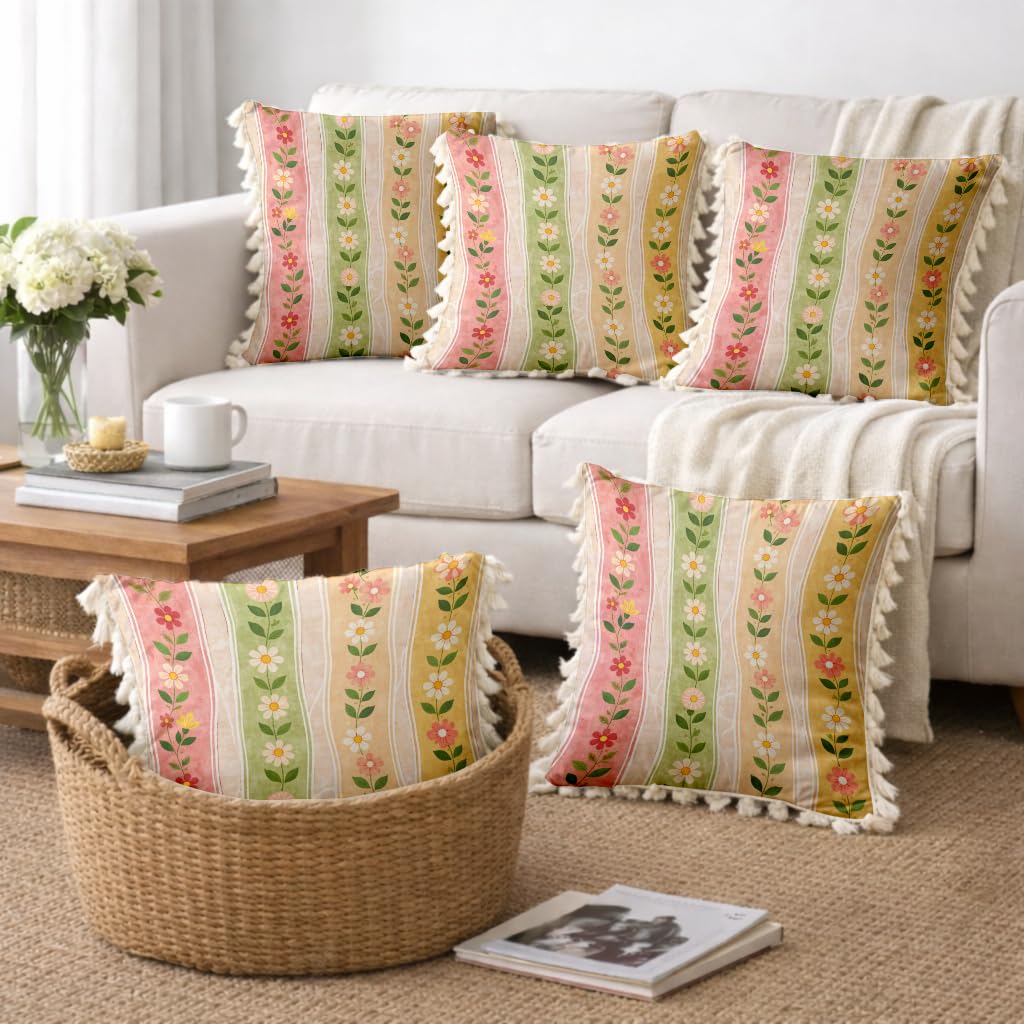STITCHNEST 'Little Meadow Series' Tassled Cushion Cover | Set of 5 | Floral Cushion Cover 16 inch x 16 inch
