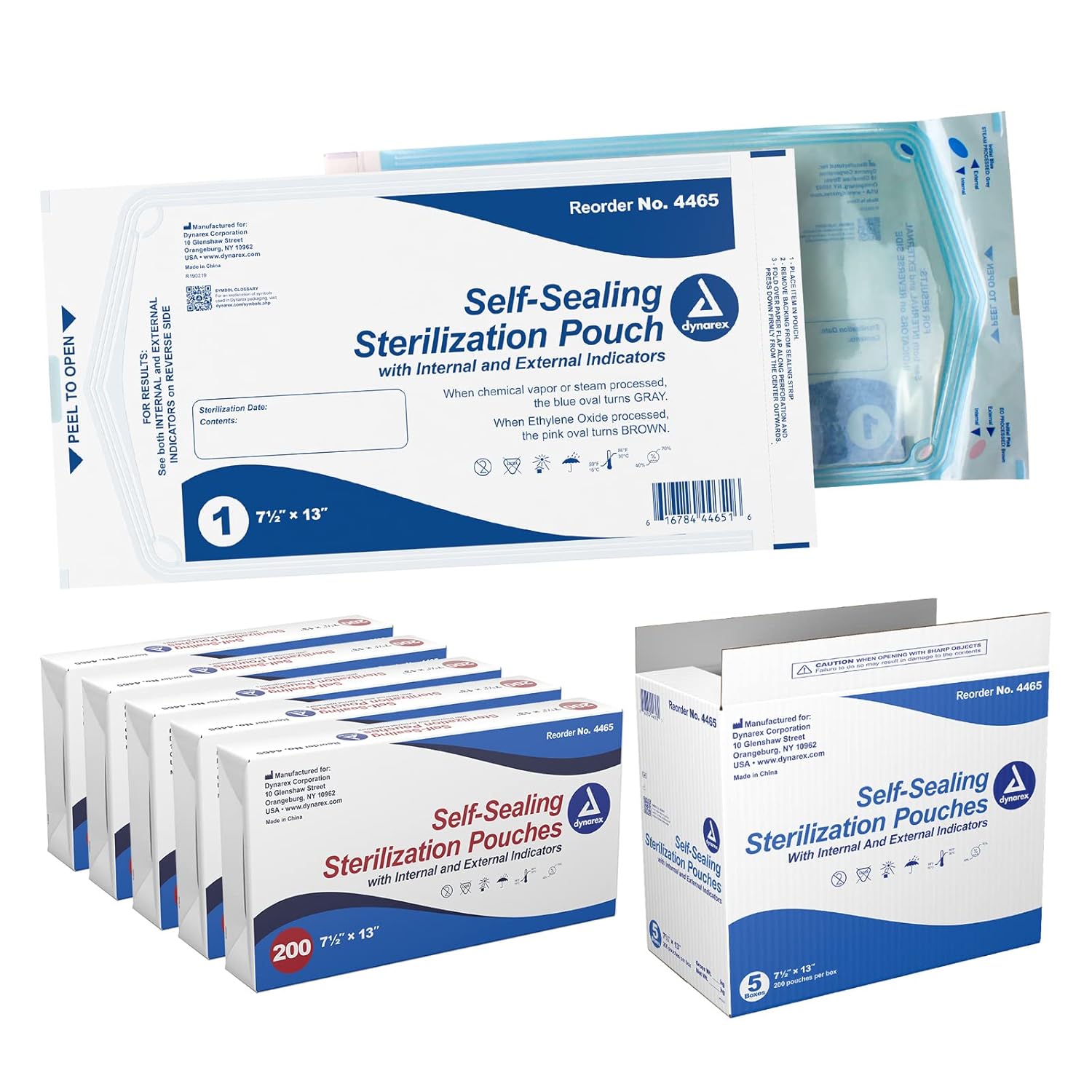 Dynarex Sterilization Pouches - Self-Sealing Autoclave Bags for Medical, Dental, Tattoo & Nail Care Tools - Blue-Tinted Transparent Cover, Dual Color Indicators (7.5" x 13", 1000)