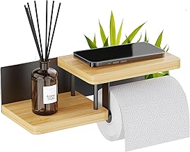 Wall Mounted Toilet Paper Holder - With or without Drilling - Wooden & Metal Toilet Paper Holder - Toilet Roll Dispenser PQ - Black & Bamboo - PPT130