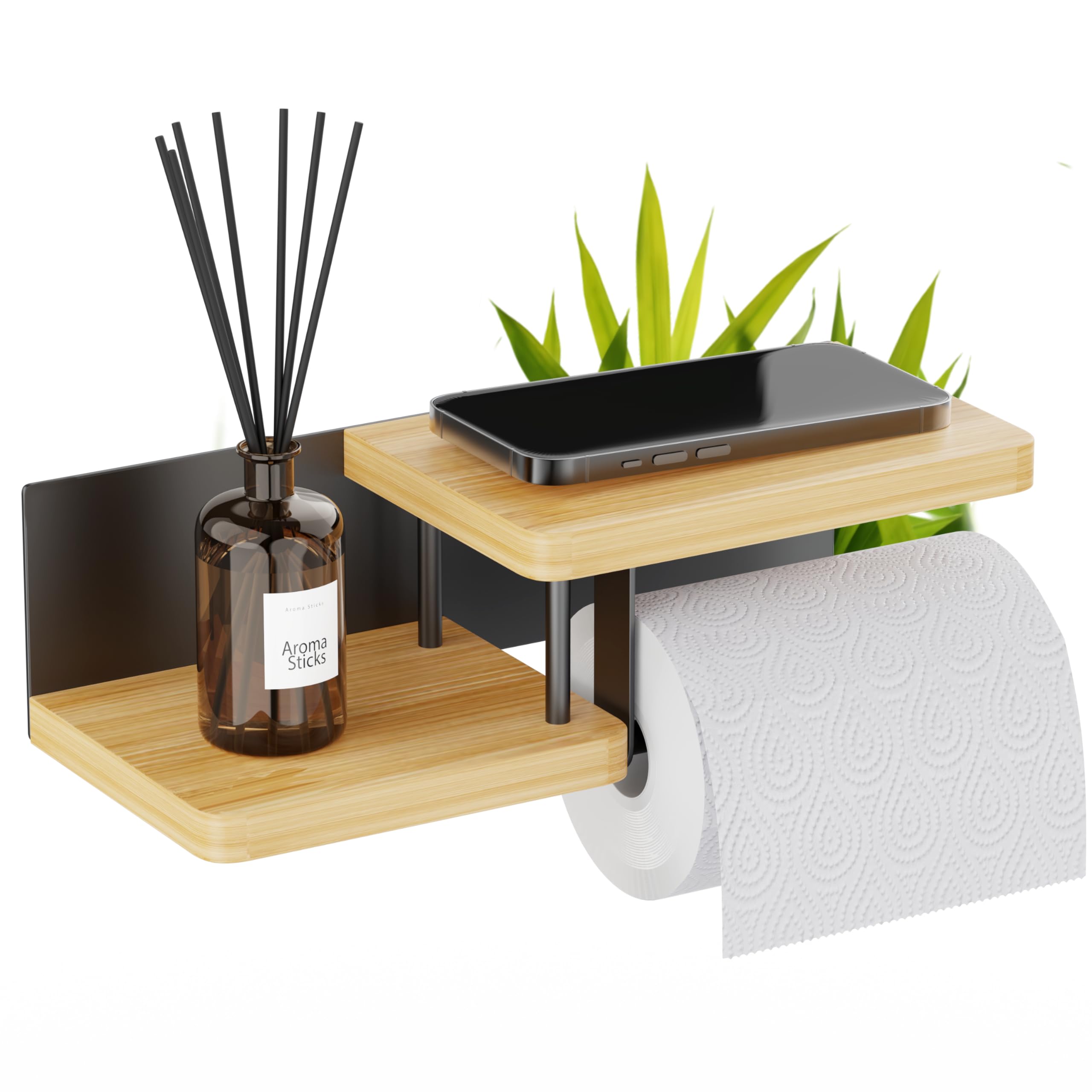 Support Papier Toilette Mural - avec ou sans Perçage - Porte-Papier Toilette en Bois & Métal - Distributeur Rouleau Papier WC PQ - Noir & Bambou - PPT130