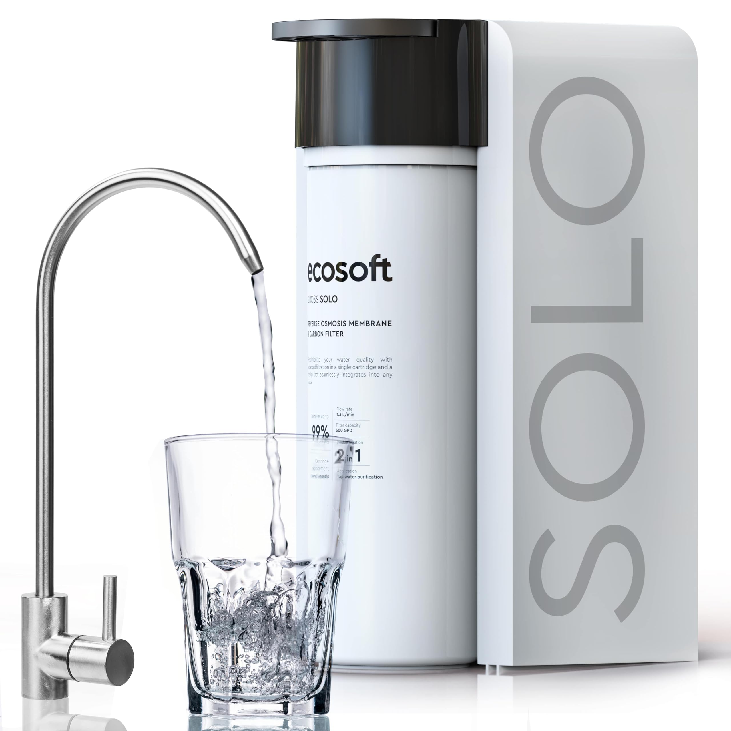 Ecosoft CROSS Solo Filtro de Ósmosis Inversa de Flujo Directo, 1.3 L/min, Filtración 2-en-1 con Membrana RO de 500 GPD y Postfiltro de Carbón, Diseño Ultra-Compacto para Cocinas Pequeñas