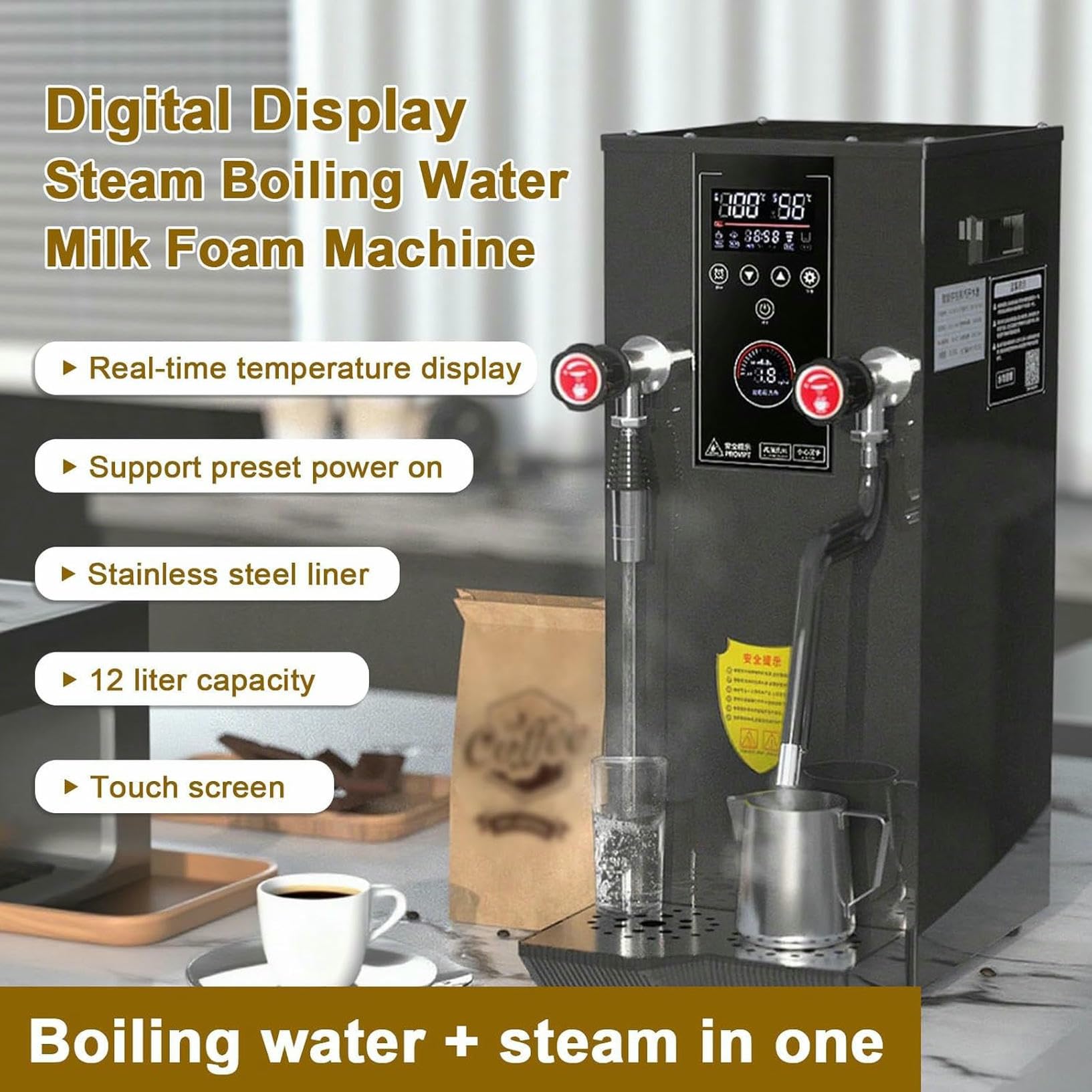 Montalatte e bollitore Automatico per Acqua da 12 Litri - Macchina a Vapore Professionale da 2500 W, Display di precisione della Temperatura, per caffè e tè con Perle di Tapioca.