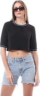 ريفين تي شيرت قصير سادة برقبة واسعة للنساء بلون اسود