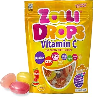 Zolli Drops Vitamin C Clean Teeth Candy Sugar-Free with Xylitol, Dye-Free, Keto & Diabetic-Friendly, Dentist-Approved Treats for Kids (Natural Fruit Flavors, 5.2 oz)