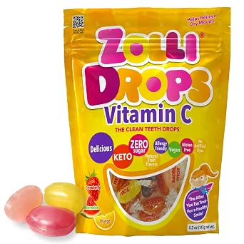 Zolli Drops Vitamin C Clean Teeth Candy Sugar-Free with Xylitol, Dye-Free, Keto & Diabetic-Friendly, Dentist-Approved Treats for Kids Natural Fruit Flavors, 5.2 oz