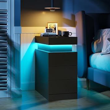 Narrow Nightstand Charging Station, End Table with Sliding Top, 3 Drawers Bedside Tables for Living Room Bedroom, Night Stand for Small Space Black