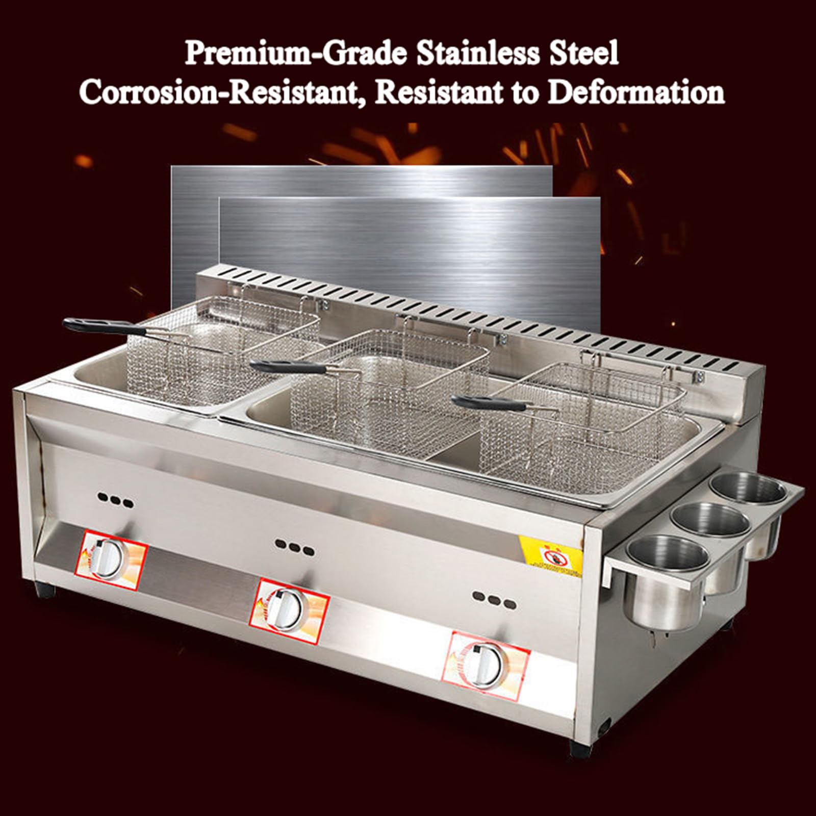 Freidora comercial de gas GLP para encimera, Freidoras de aceite de 18L con 3 cestas y tapas, para Fritas, Restaurante, Hogar, Cocina