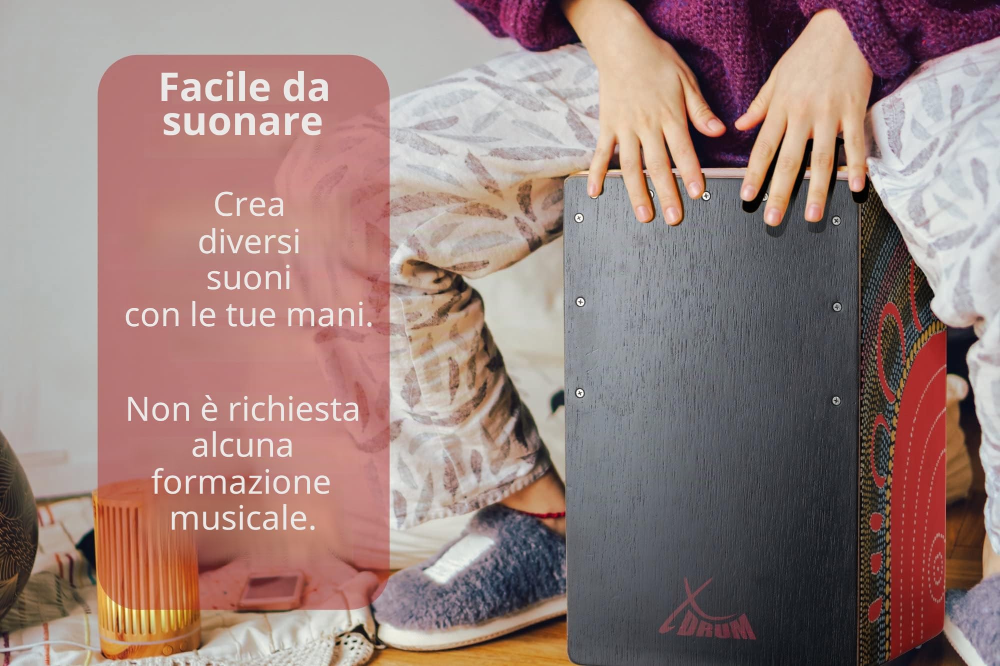XDrum Design Series Cajon "Flower", Porta bassi integrata, Basso potente | Cajon da designer dipinta a mano con fiori Dot Art, Corpo: HPL (High Pressure Laminate), Superficie di battuta: nera, 5 cm