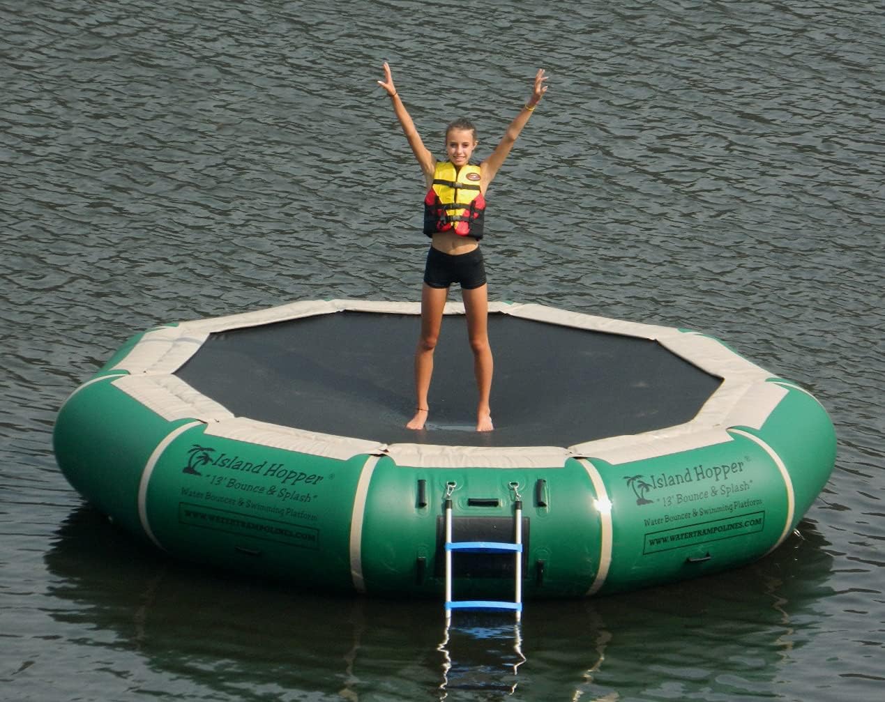 Island Hopper 13' Bounce N Splash Padded Water Bouncer Natural Green โ Durable Inflatable Trampoline for Kids โ Spring-Less Design with Foam Padding โ Water Trampoline for Lake Supports 500 lbs