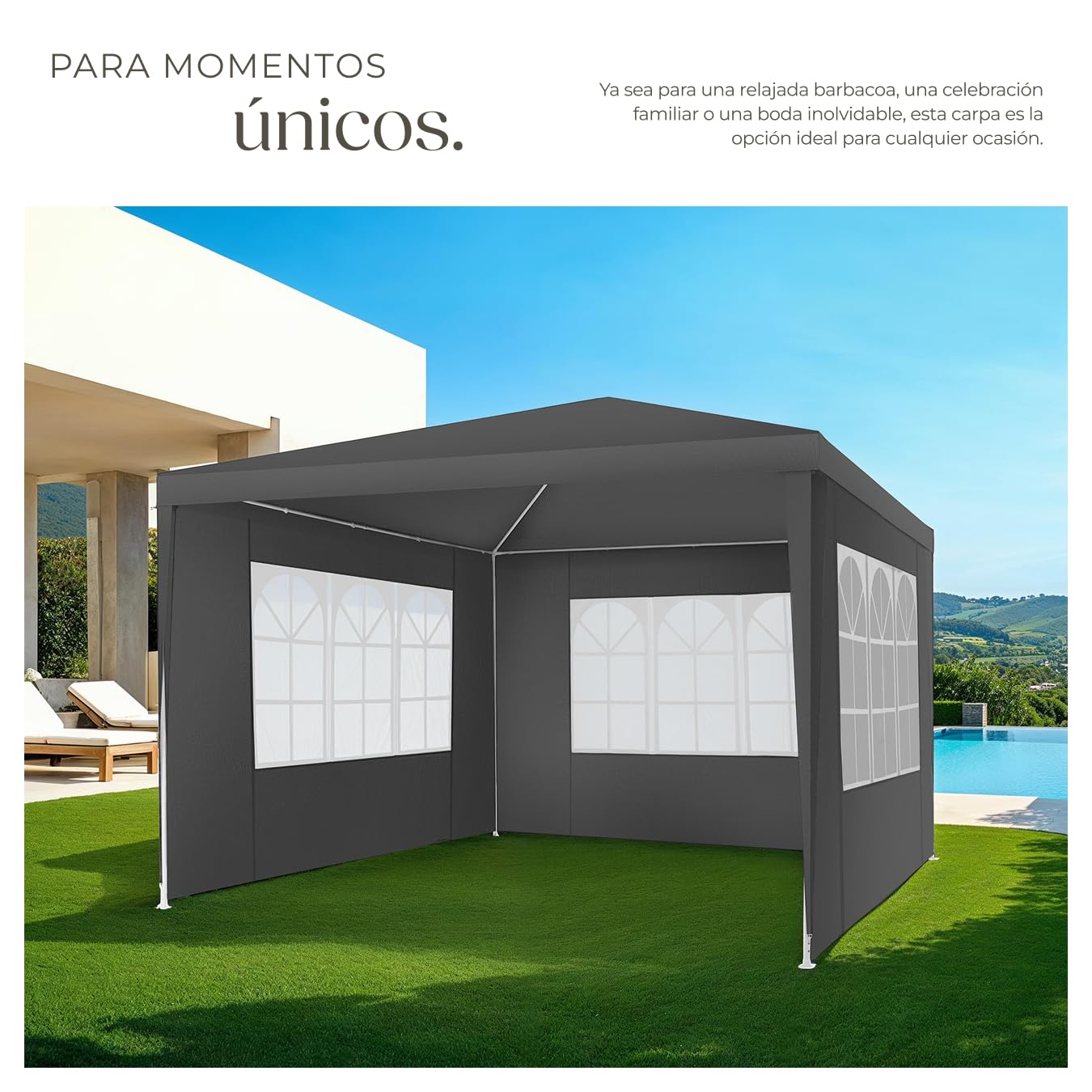 tectake® Carpa para jardín, Carpas para Exteriores Impermeables, cenador Jardin, toldo Playa, Carpa cenador, Carpas Jardin Exterior - 3x3m Gris