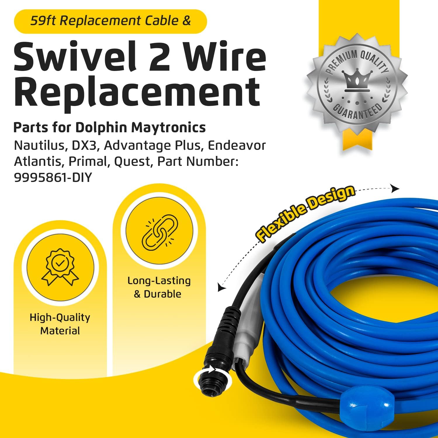 Sunluway 9995861 60ft Replacement Cable & Swivel 2 Wire Replacement Parts for Dolphin Maytronics Nautilus, DX3, Advantage Plus, Endeavor, Atlantis, Primal, Quest, Part Number 9995861- DIY