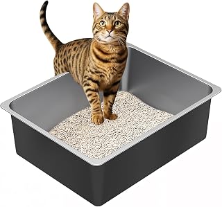 Ohtomber High-Sided Stainless Steel Cat Litter Box - Odor-Resistant, Non-Stick, Easy Clean for Cats, Kittens, Rabbits (17.5x13.6x6")