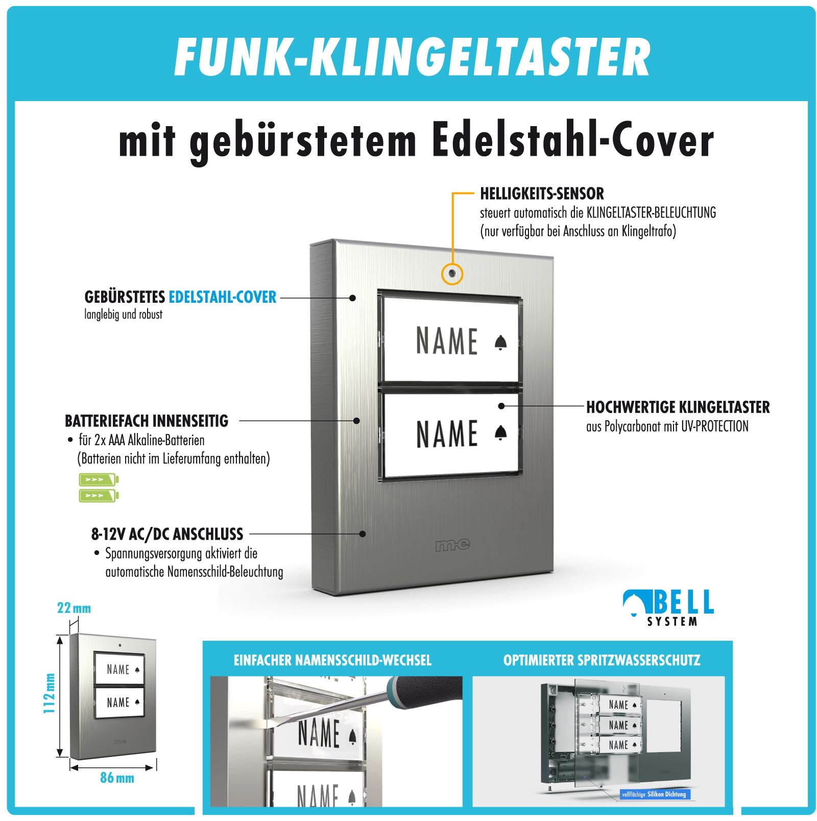 m-e Funkklingel BELL-572 Edelstahl gebürstet mit Sender und Empfänger für 2-Familienhaus | Erweiterbare kabellose Türklingel mit 200 Meter Reichweite | Türglocke für Steckdose