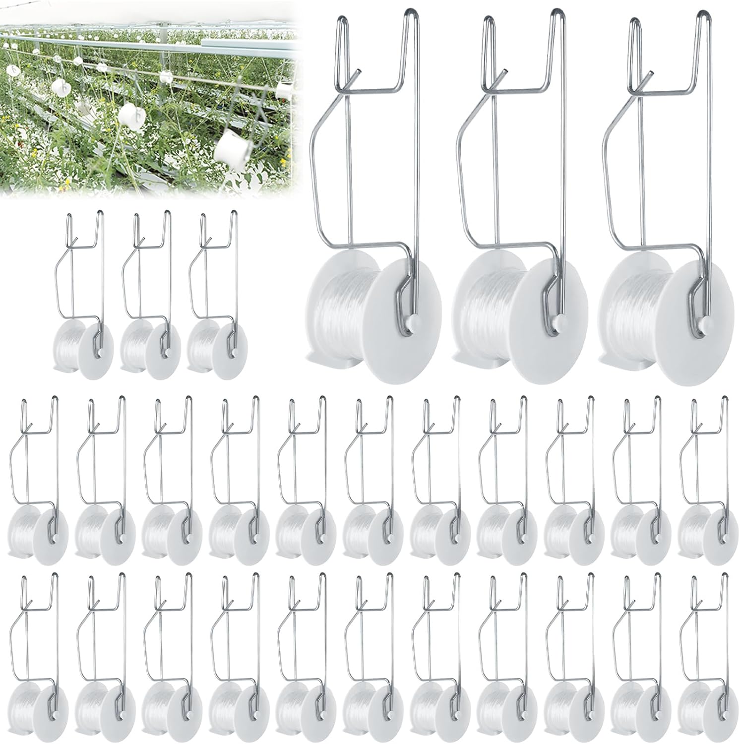 CYEAH 30 Pcs Tomato Roller Hooks with 49.2 FT String, Tomato Support Hook/Trellis Roller Hooks for Plant, Greenhouse Trellising Kit for Tomatoes, Plant, Greenhouse, Flower Vine Twine Crop