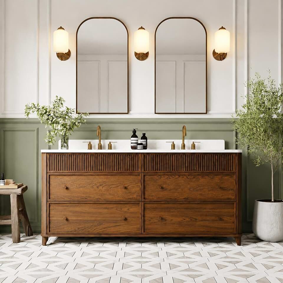 106 in Double Bathroom Vanity with Sinks - Modern Freestanding Solid Wood Vanity Cabinet | Smart Anti-Fog Mirror | Integrated Stone Sink for Easy Cleaning
