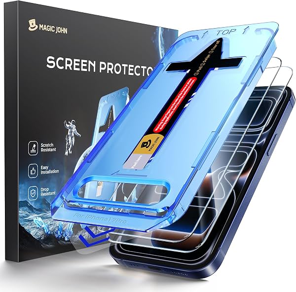 MAGIC JOHN Instalación Fácil para iPhone 17 Pro Protector de Pantalla, Paquete de 2 | Vidrio Templado 9H, Altavoz Impermeable, Anti Rayaduras, Eliminación Automática de Polvo, Sin Burbujas, HD Claro, Compatible con Fundas