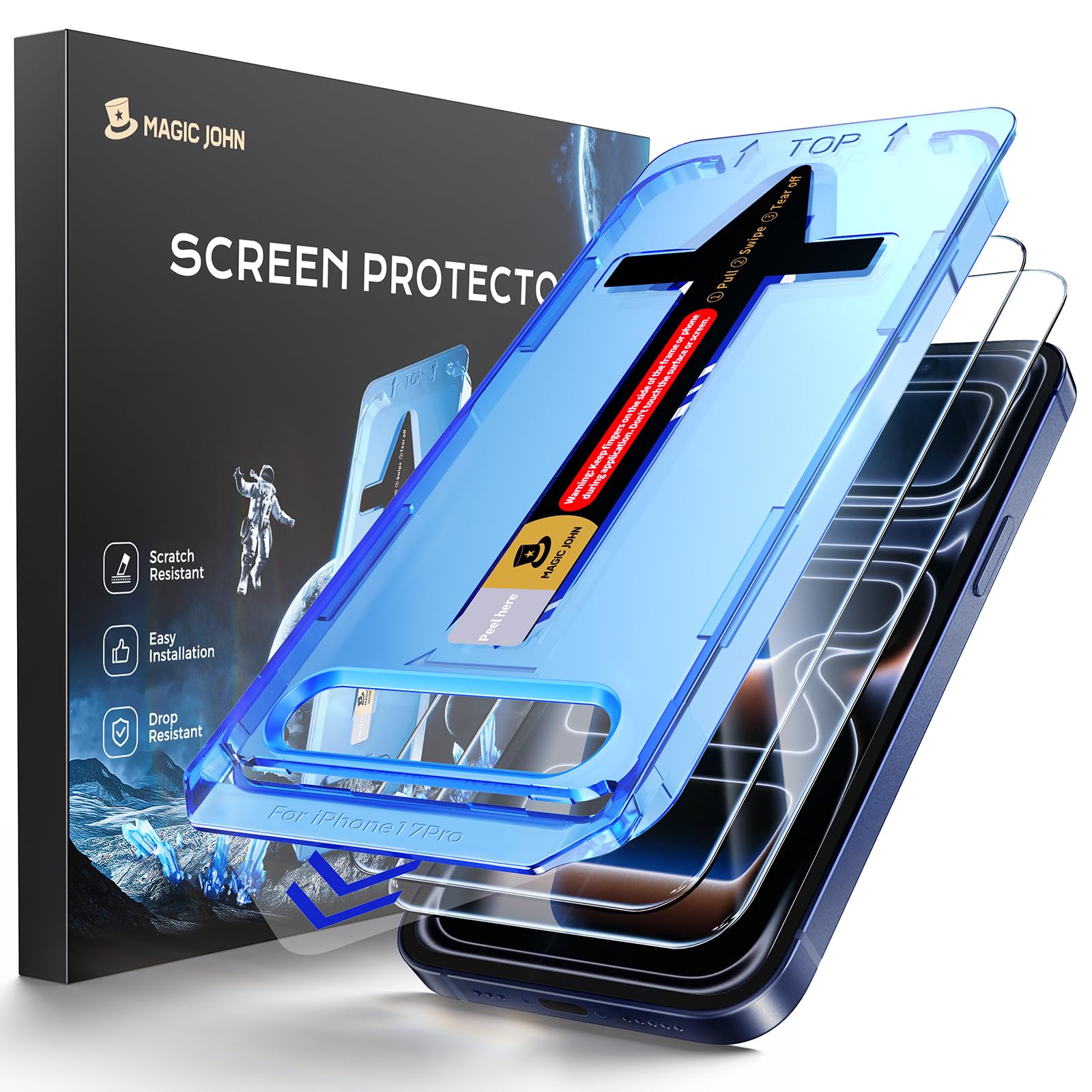 MAGIC JOHN Easy Installation for iPhone 17 Pro Screen Protector, 2 Pack | 9H Tempered Glass, Speaker Waterproof, Anti-Scratch, Auto Dust-Elimination, Bubble Free, HD Clear, Case Friendly